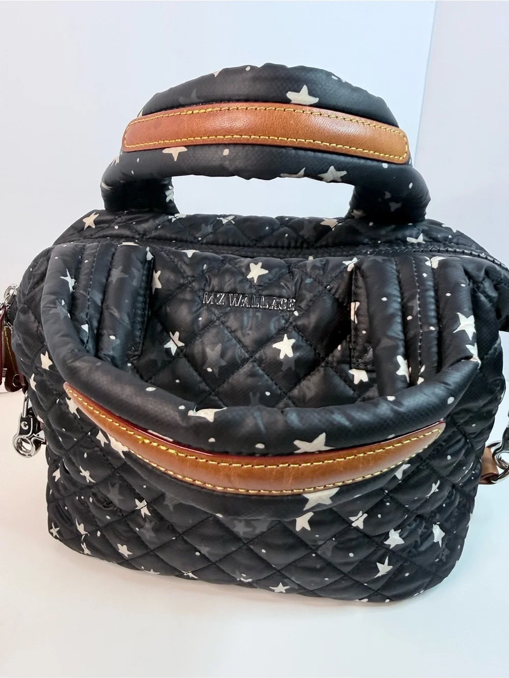 MZ Wallace Sutton StarLight Star Quilted Satchel Crossbody Bag Leather Trim